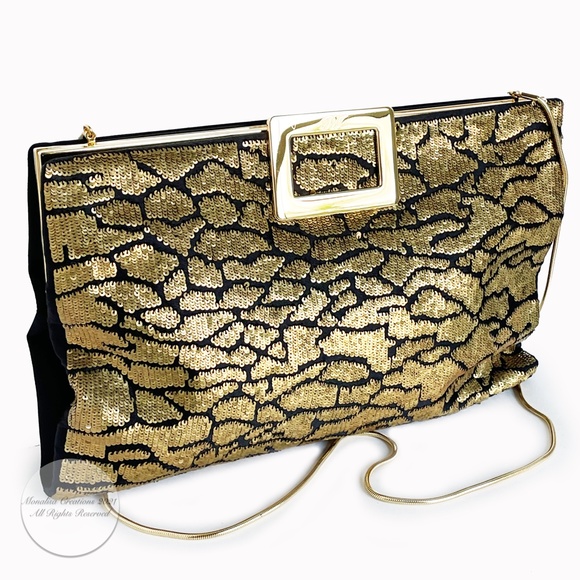 ROGER VIVIER Clutch Evening Bag Crossbody Gold Sequins Black Satin Embellished - Picture 1 of 13